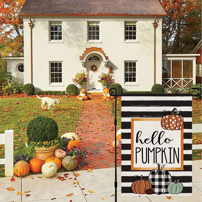 Decorhua Fall Garden Flag Hello Pumpkin Sign 12 x 18 Inch Double Sided Autumn Farmhouse Seasonal Yard Outdoor Thanksgiving Decor DF082 - Image 3
